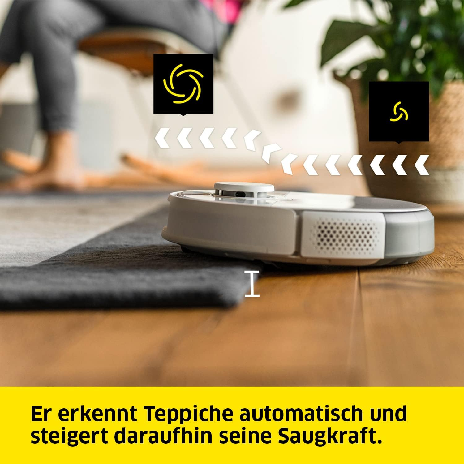 Robot sprzątający na drewnianej podłodze, ze strzałkami kierunkowymi i ikonami.