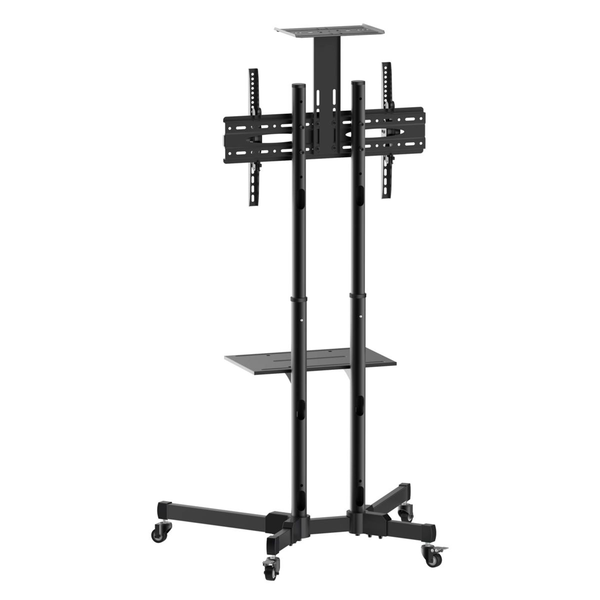 Soporte de TV negro con ruedas, una estantería y brazos de montaje. Fondo blanco.