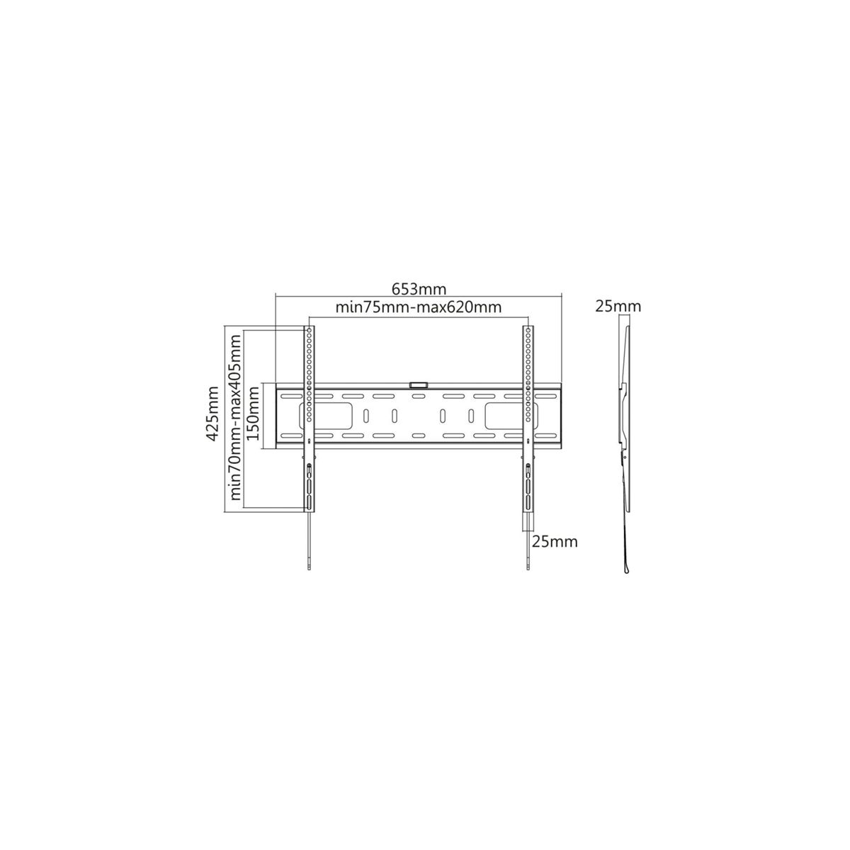Diagramma di una staffa TV con dimensioni e misure.