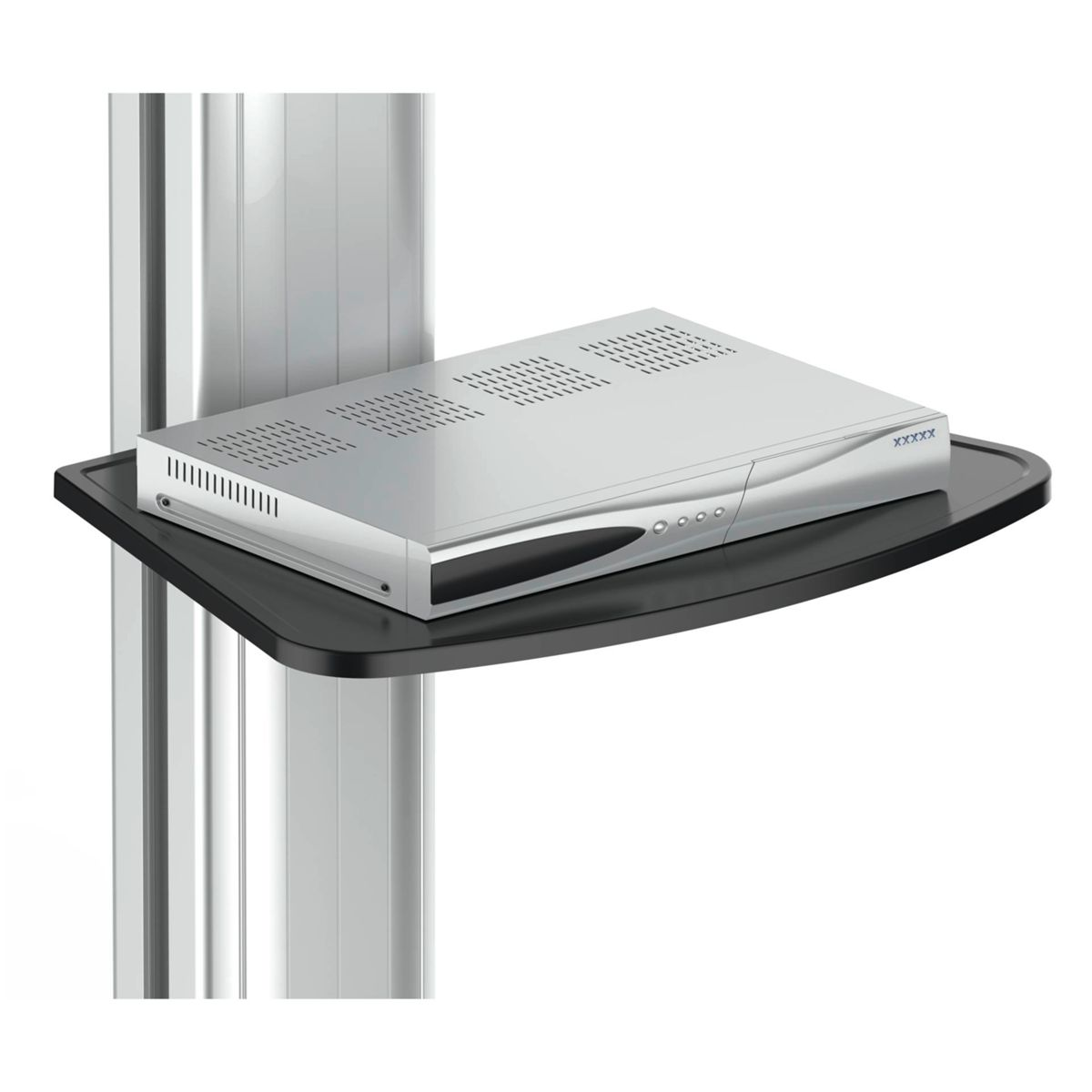 Silbernes Gerät auf einem schwarzen Regal, das an einer Metallstange befestigt ist. Weißer Hintergrund. Regal hat gebogene Kanten.