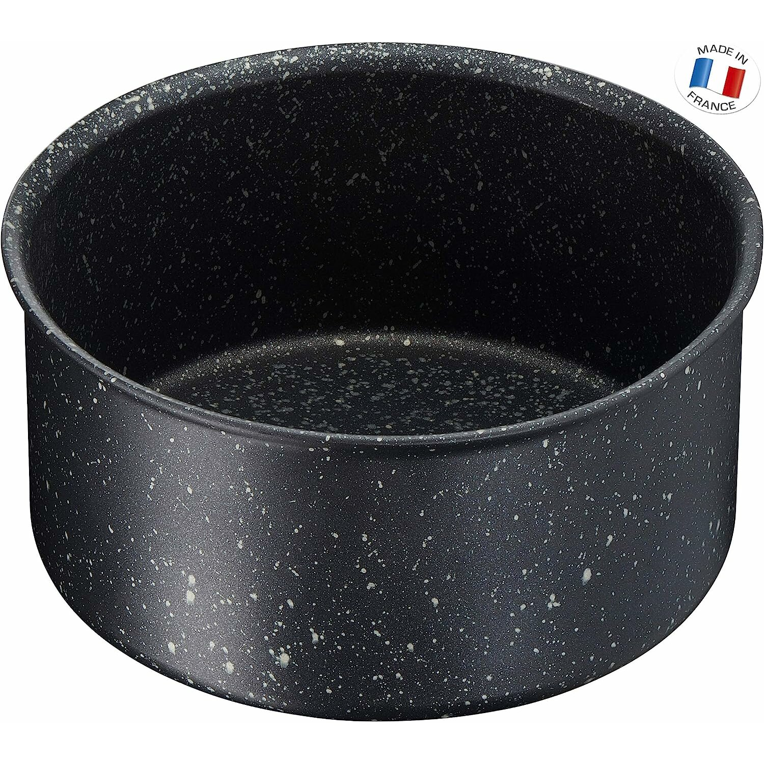 Schwarze, gesprenkelte Schüssel. Weiße Sprenkel auf schwarzer Oberfläche. Made in France-Etikett sichtbar.