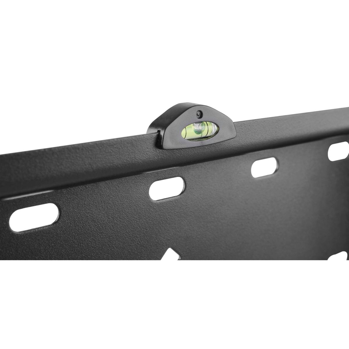 Eine schwarze TV-Halterung aus Metall mit einem Nivellierer.