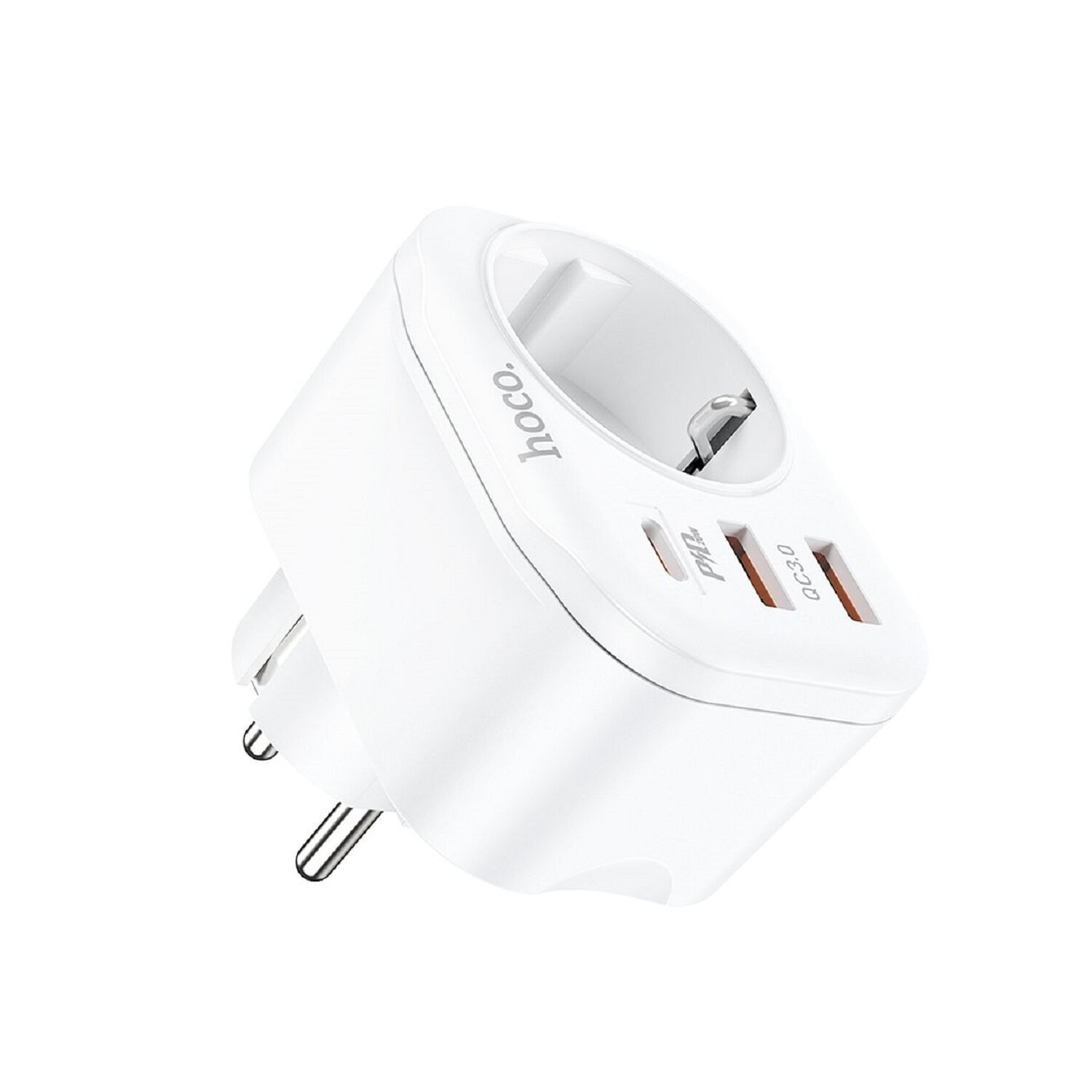 Ein weißer Netzadapter mit zwei USB-Anschlüssen und einem Stecker für europäische Steckdosen.