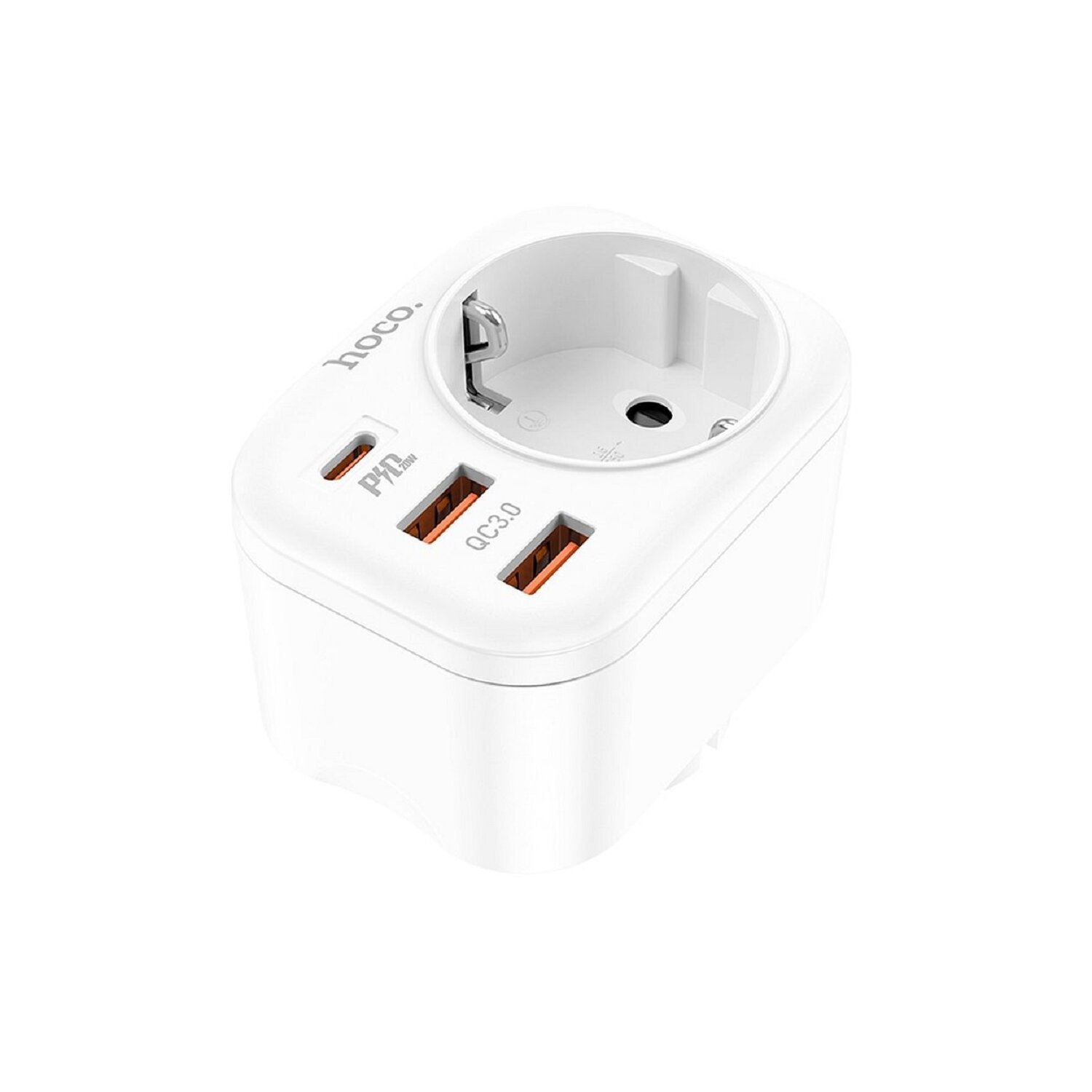 Ein weißer Mehrfachadapter mit USB-Anschlüssen und Steckdose.
