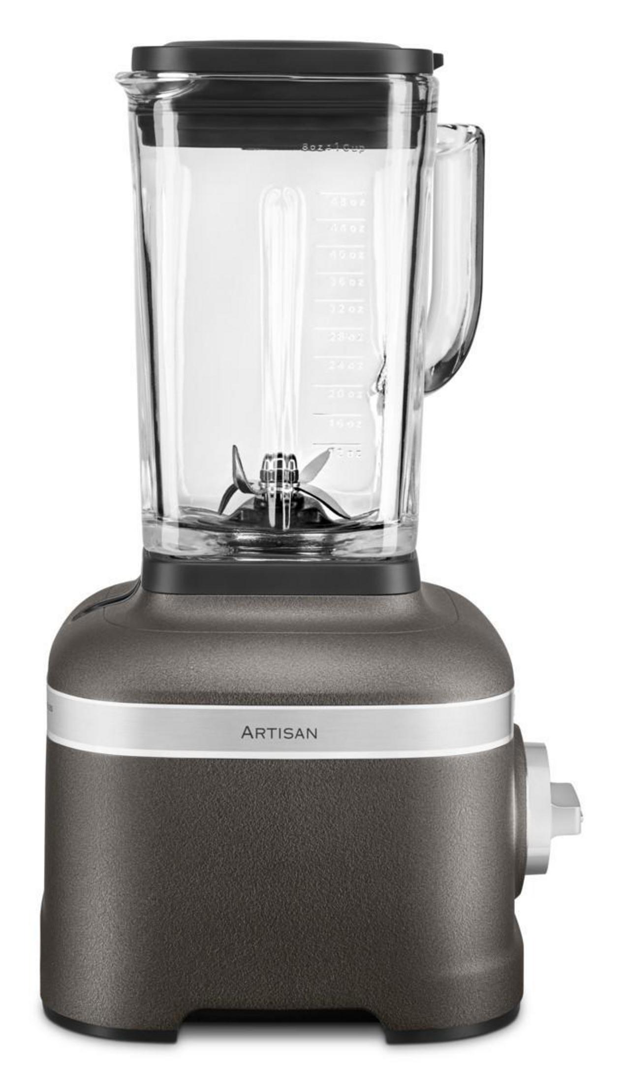 A dark gray blender with a glass jar, stainless steel accents, and an artisan base.