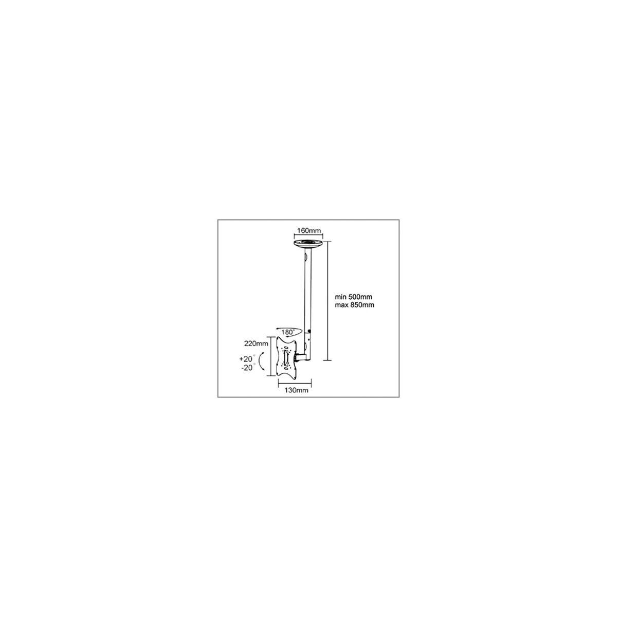 Disegno tecnico di un supporto da soffitto con dimensioni e angoli.