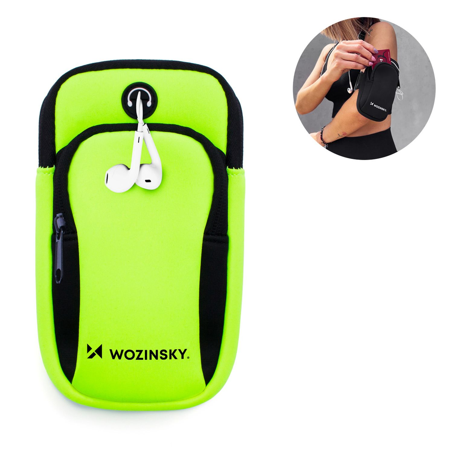 Una fascia da braccio verde neon con una cerniera nera. Gli auricolari sono collegati alla fascia. Sfondo bianco.
