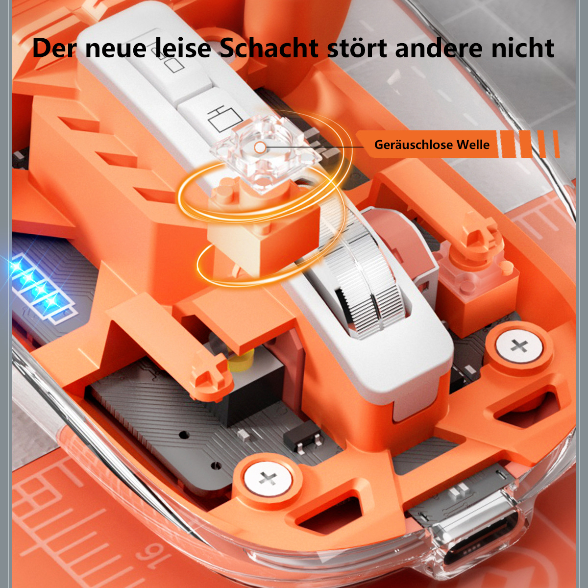 Innenansicht eines orangefarbenen Geräts mit Leiterplatte, weißer Rolle und transparentem Deckel.