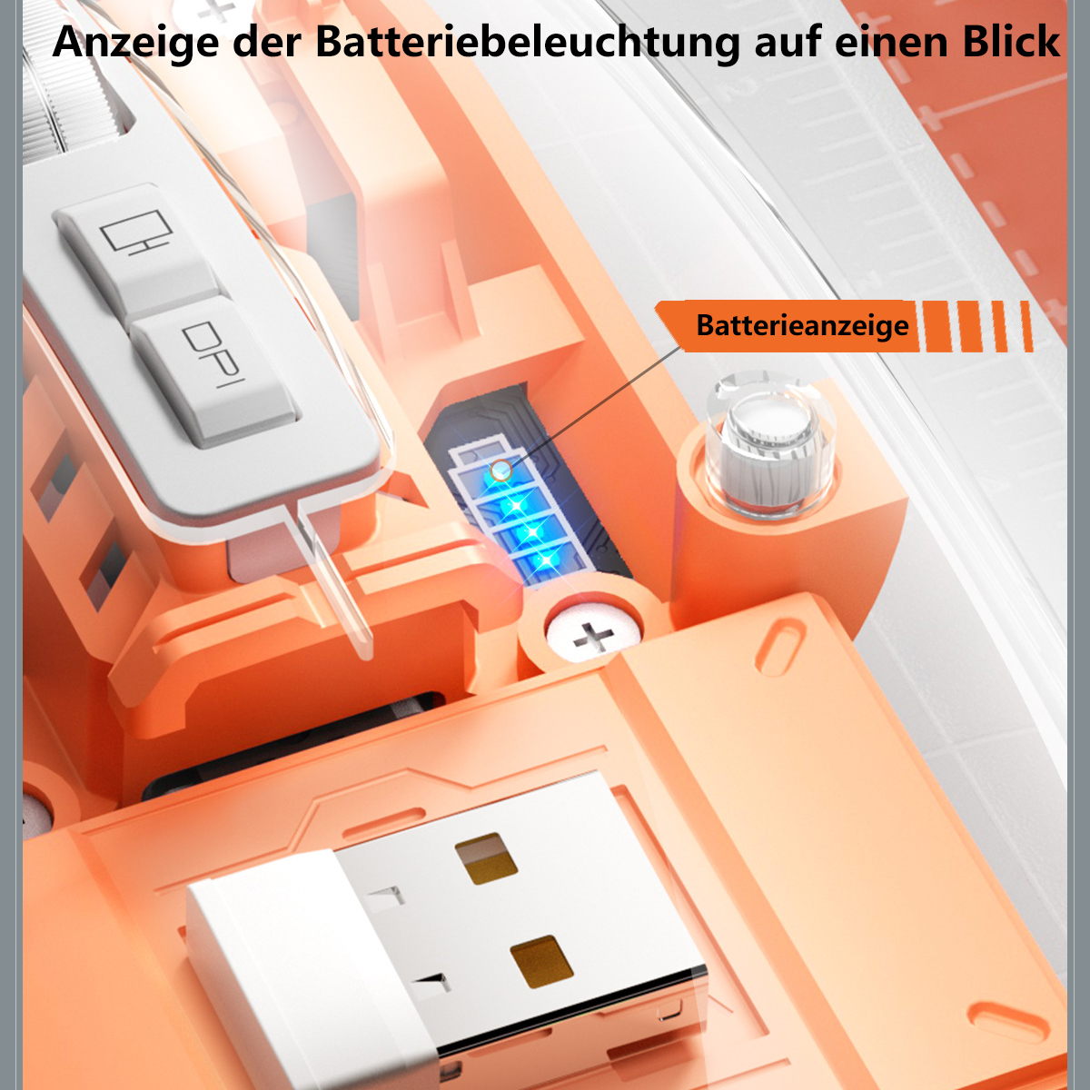 Orangefarbene Maus mit weißen Knöpfen und USB-Anschluss. Die Batterieanzeige wird angezeigt.