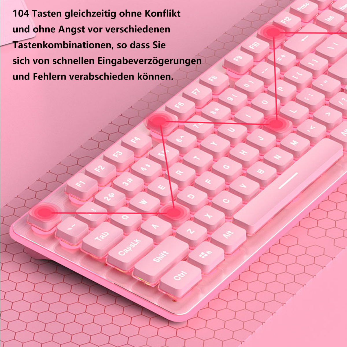 Rosa Tastatur mit beleuchteten Tasten. Das Bild zeigt eine Nahaufnahme in Schrägansicht. Buchstaben und Zahlen sind sichtbar.