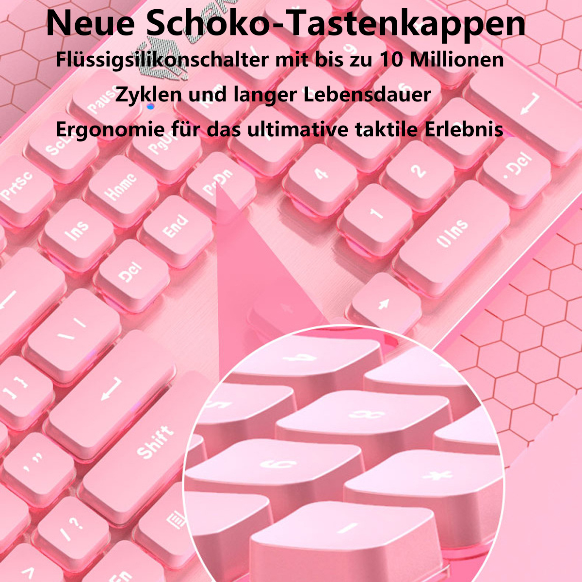 Rosa Tastatur mit rosa Tasten, Text auf den Tasten.