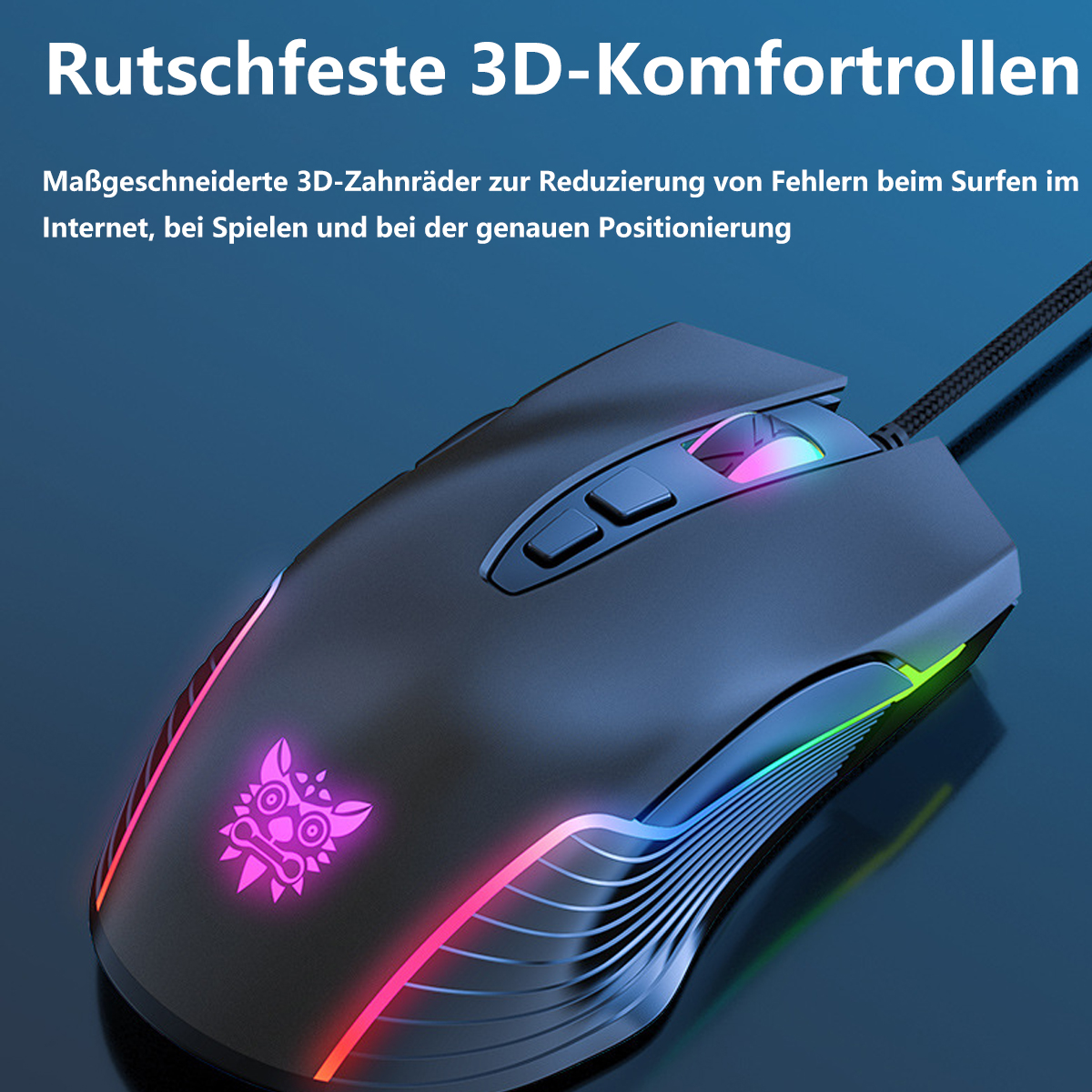 Schwarze Gaming-Maus mit RGB-Beleuchtung. Es hat Tasten und ein Kabel.
