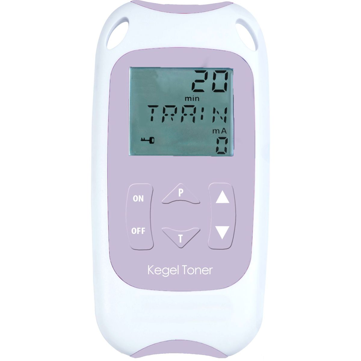 Weißes Kegel Toner Gerät mit Knöpfen und Display, das Zeit und Einstellungen anzeigt.