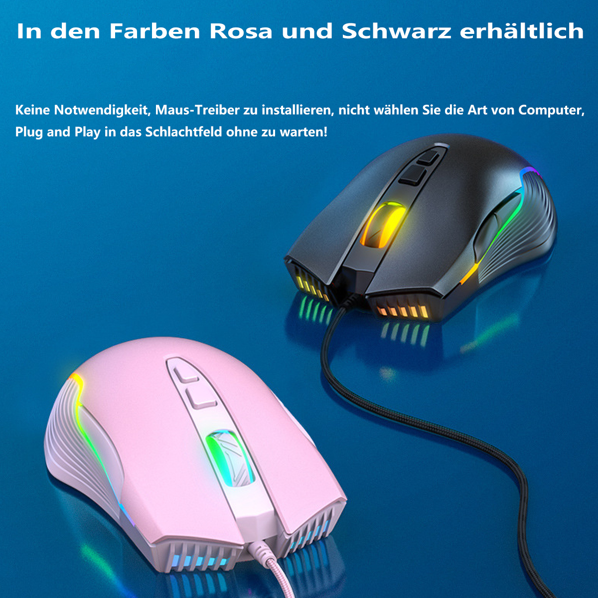Pinke und schwarze Gaming-Mäuse mit leuchtenden Lichtern auf blauem Hintergrund.