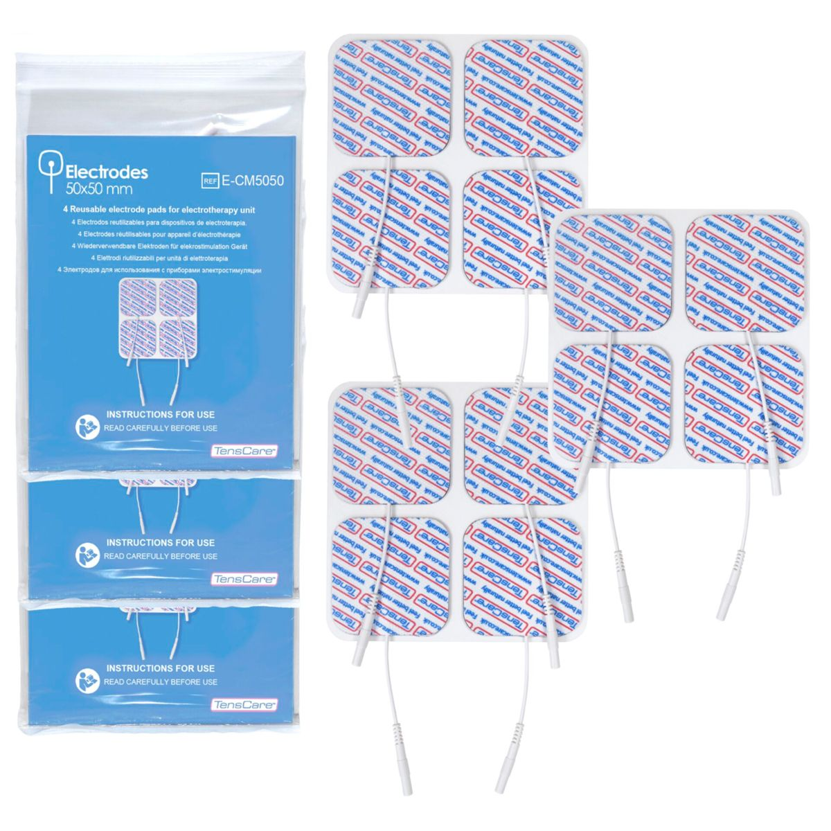 Elektrodenpads in einer Verpackung und ausgebreitet. Gebrauchsanweisungen sind auf der Verpackung.