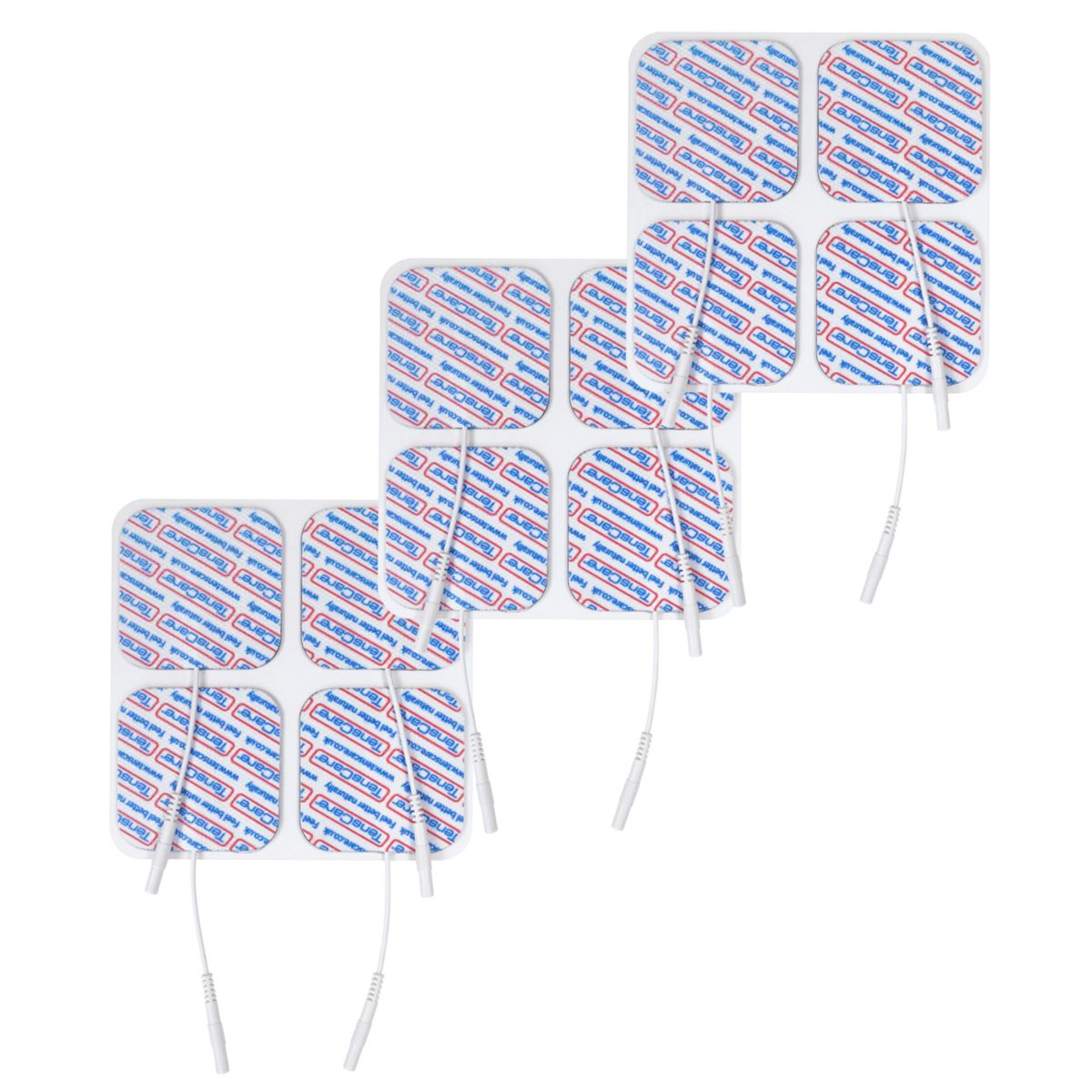 Mehrere TENS-Pads. Weiße Pads mit roten und blauen Details und Text.