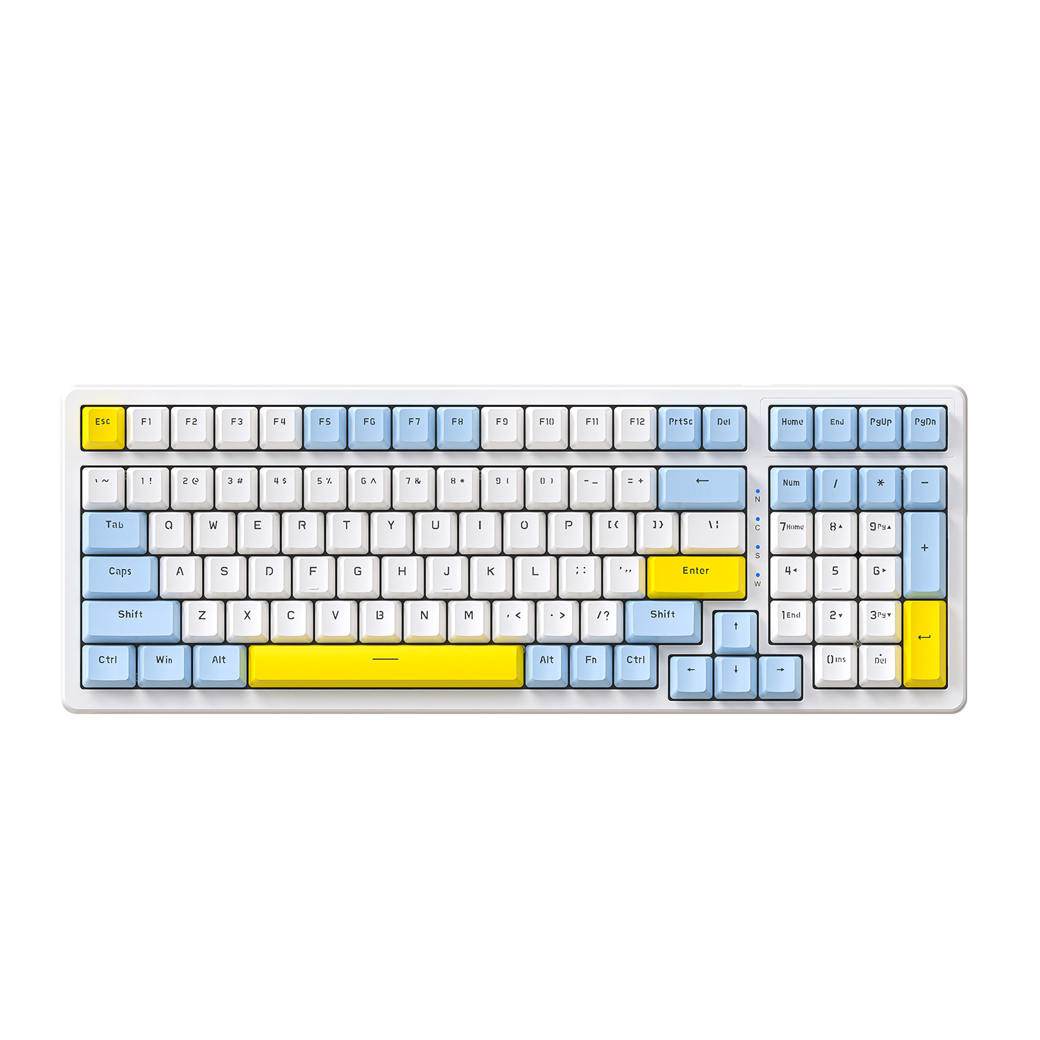 Weiße Tastatur mit blauen und gelben Tasten. Die Tasten sind in einem Standard-QWERTZ-Layout angeordnet.