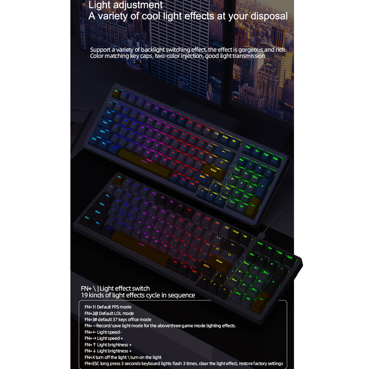 Zwei Tastaturen mit farbenfrohen beleuchteten Tasten, darunter Text über Lichteffekte und Tastaturfunktionen.