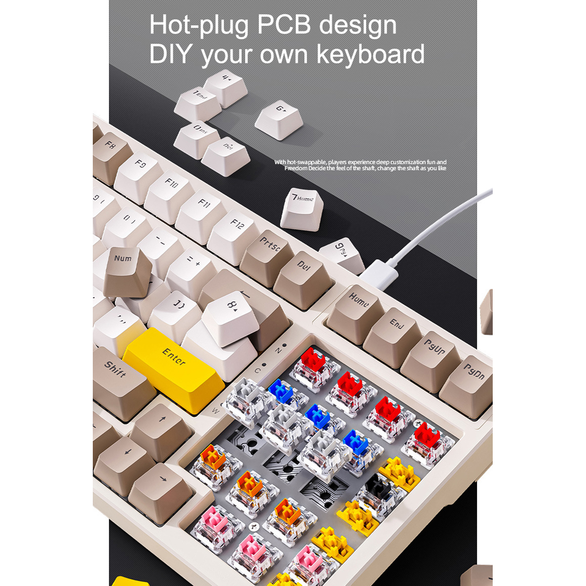 Tastatur mit verschiedenfarbigen Schaltern, Tastenkappen und einer gelben Eingabetaste für DIY-Erlebnisse.