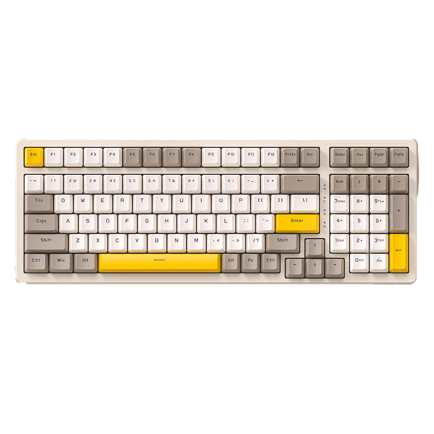 Eine Tastatur mit gelben und grauen Tasten. Es hat ein kabelloses Design und einen weißen Rahmen.
