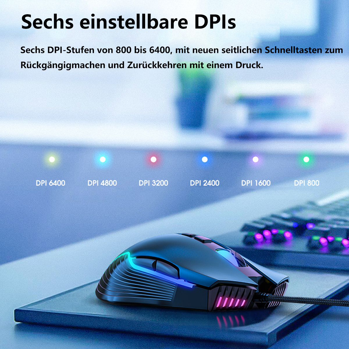 Gaming-Maus mit farbigen Lichtern, die DPI-Einstellungen anzeigen, auf einem Schreibtisch.
