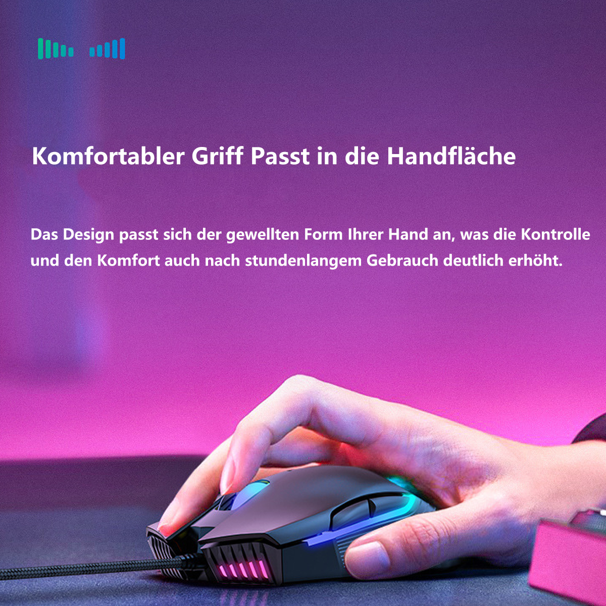 Eine Hand, die eine Gaming-Maus hält. Die Maus ist schwarz und hat farbige Lichter.