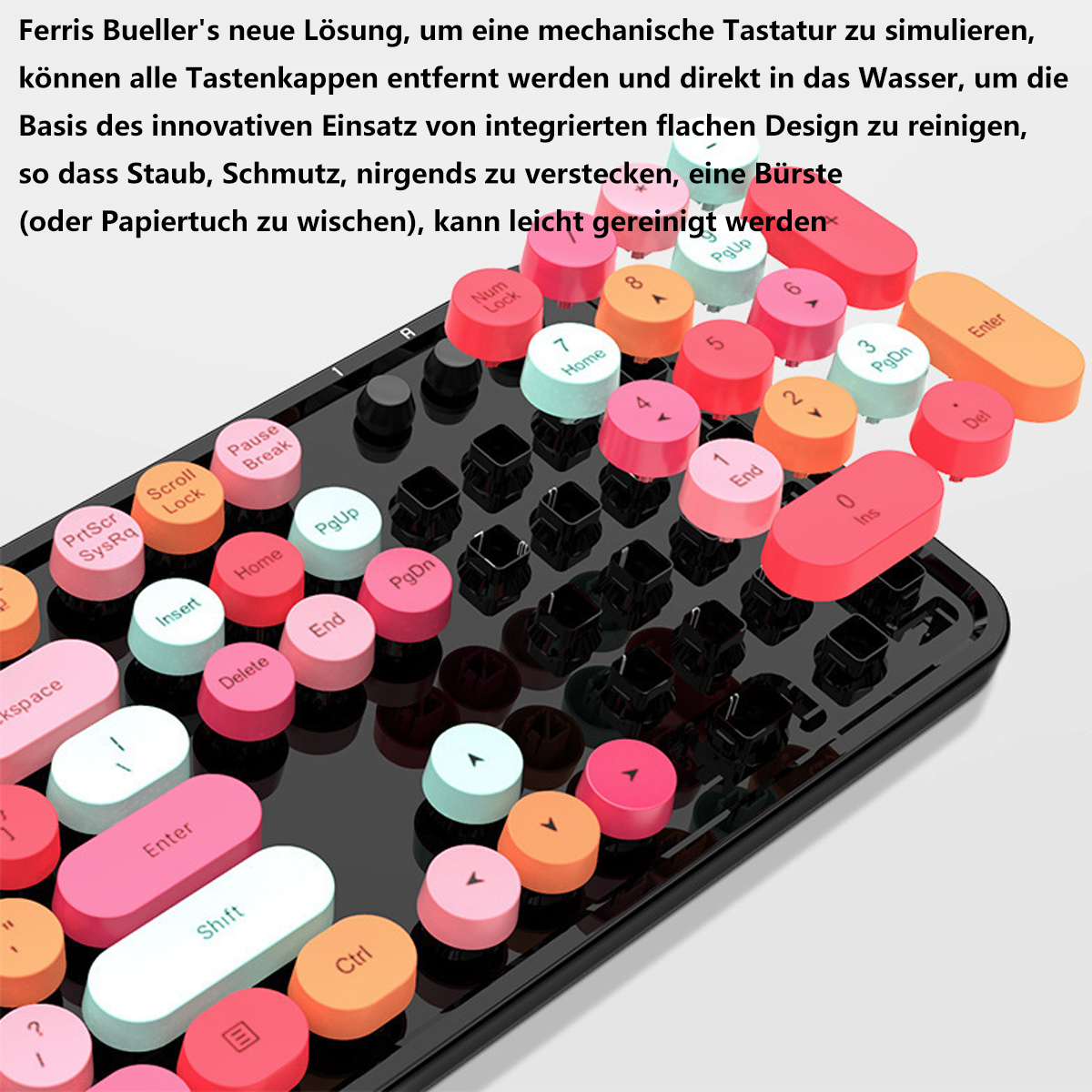 Nahaufnahme einer Tastatur mit bunten Tasten und einem schwarzen Rahmen. Einige Tasten sind beschriftet.