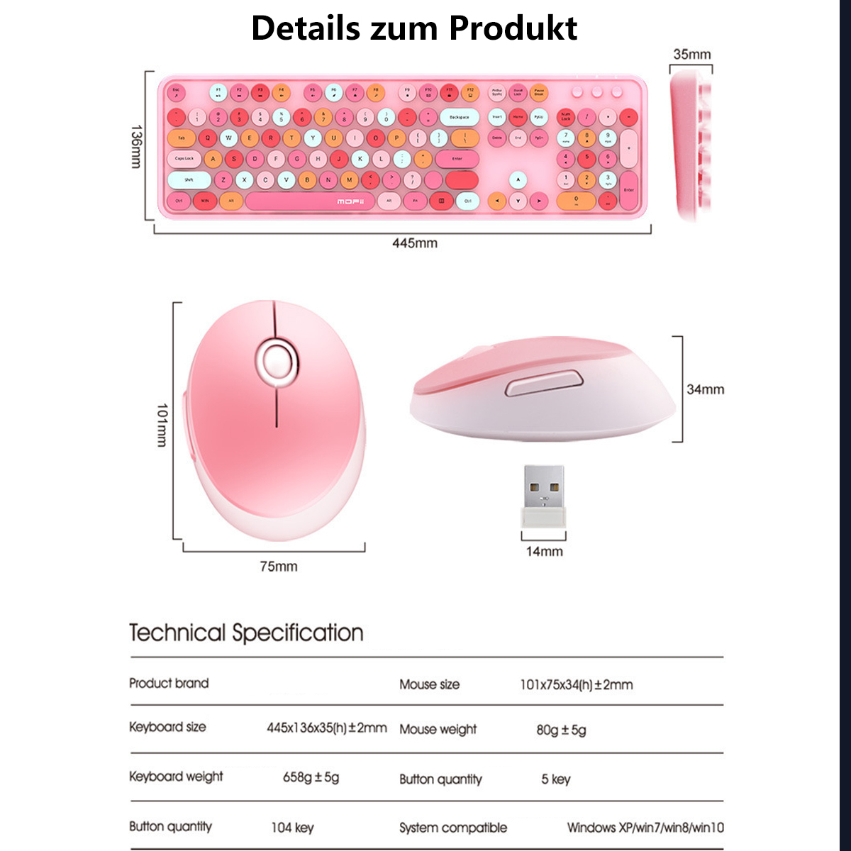 Rosa Tastatur- und Maus-Set mit Abmessungen und technischen Daten.