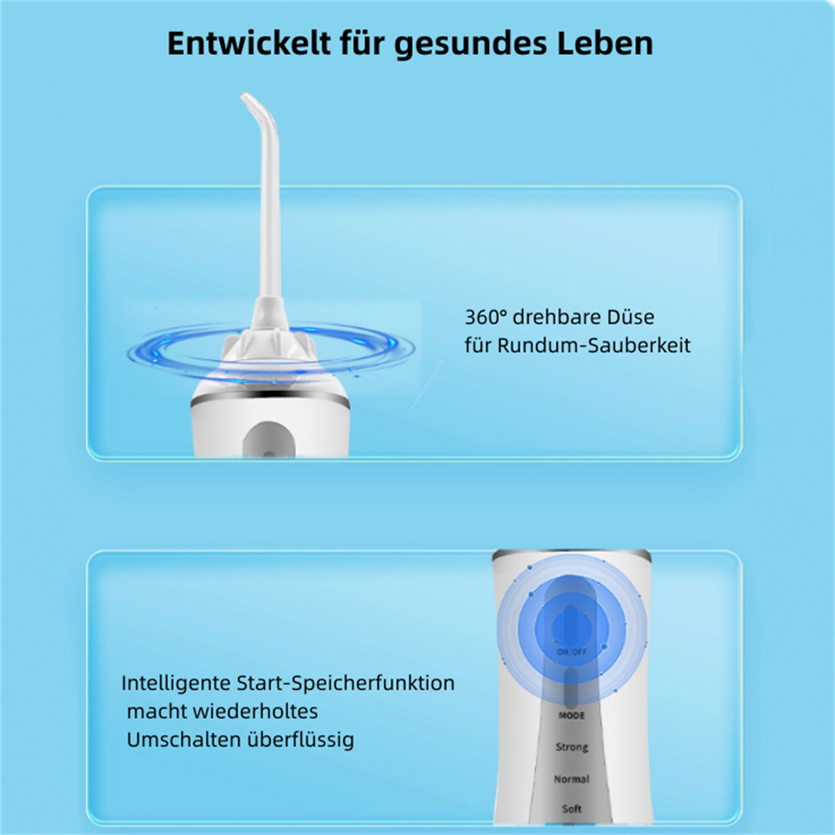 Diagramm eines Dental-Wasserflossers mit Text auf Deutsch, der Funktionen wie eine rotierende Düse beschreibt.