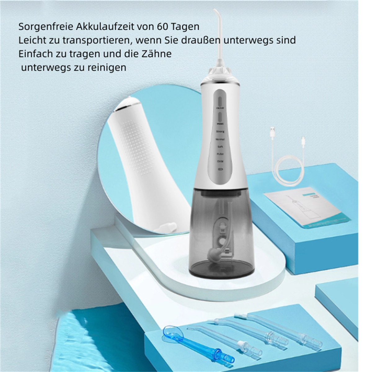 Ein weißes und graues Mundspülgerät mit Zubehör und Text auf einer blauen Oberfläche.
