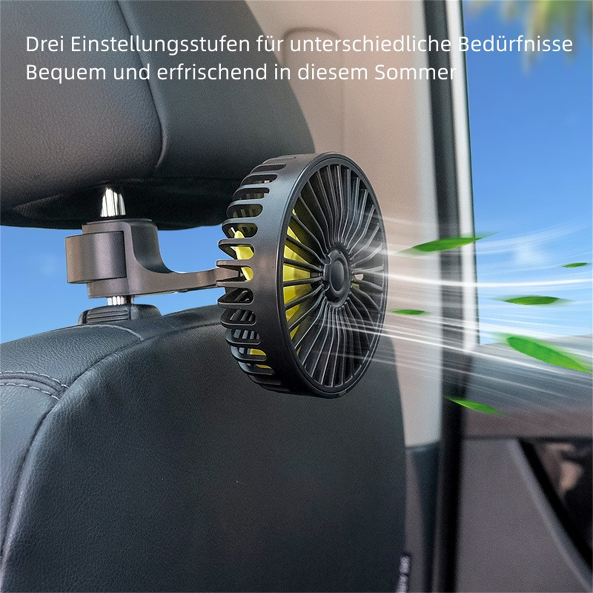 Un ventilador para asiento de coche con aspas negras y amarillas, montado en un reposacabezas.