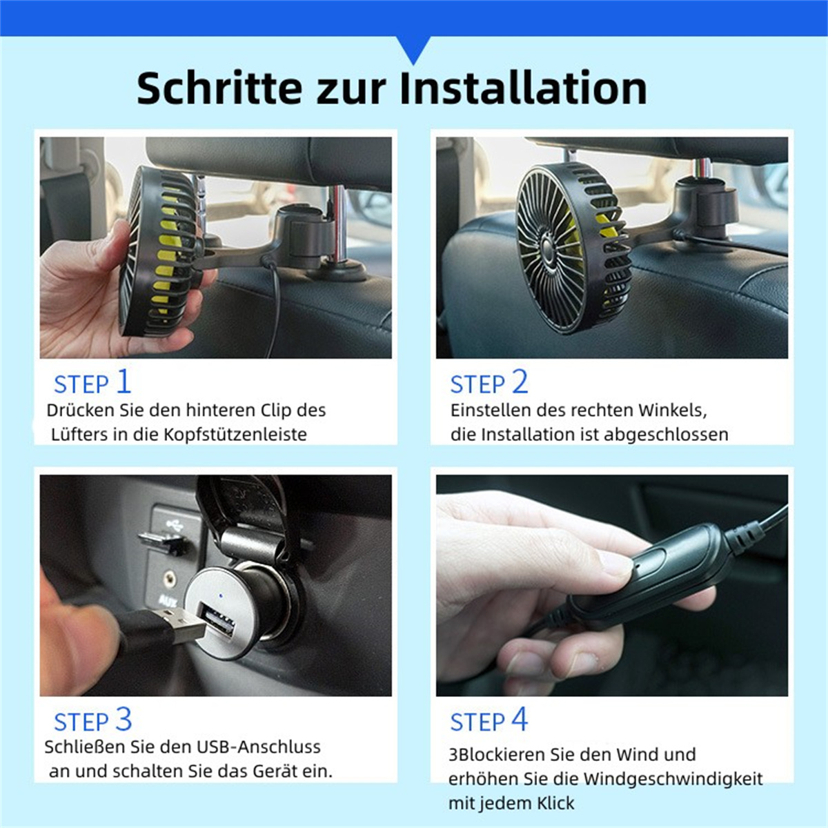 Cuatro imágenes muestran la instalación de un ventilador para automóvil. Paso 1: Instalar clip. Paso 2: Ajustar ángulo. Paso 3: Conectar USB.