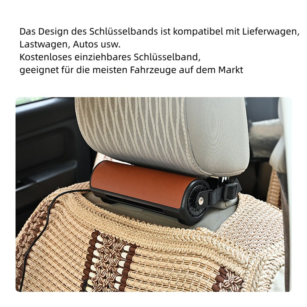 Un reposacabezas de coche con reposacabezas de cuero marrón y soporte para llaves. Un suéter beige en primer plano.