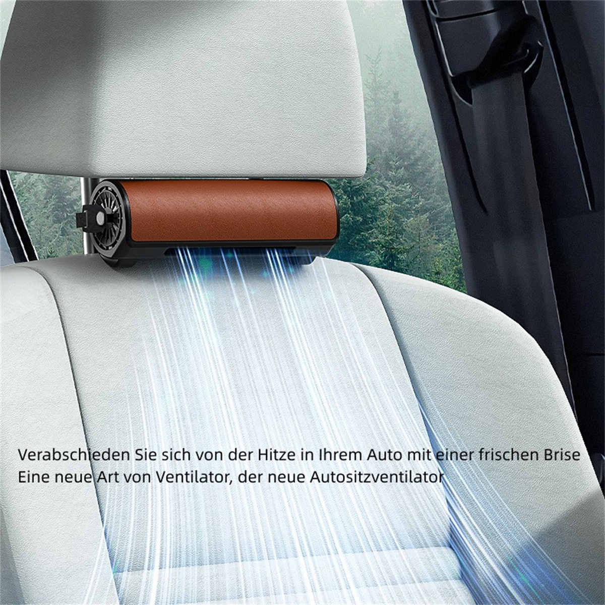Ambientador para asiento de coche, marrón y negro, con ventilación. Texto en alemán.