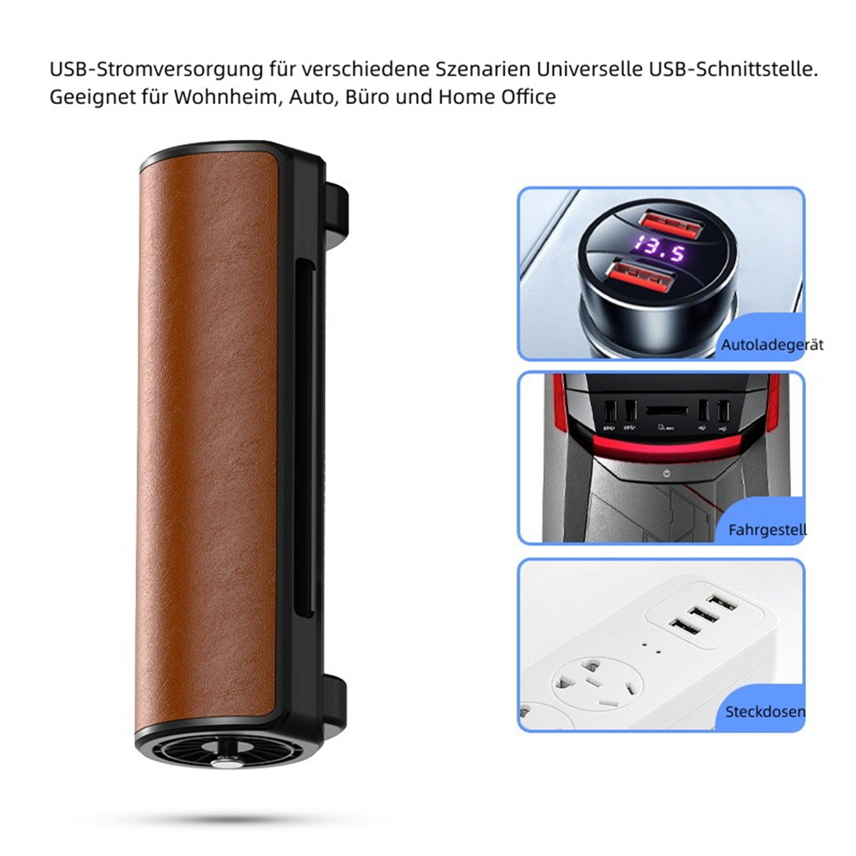 Dispositivo alimentado por USB con aspecto de cuero marrón, detalles negros y múltiples puertos USB.