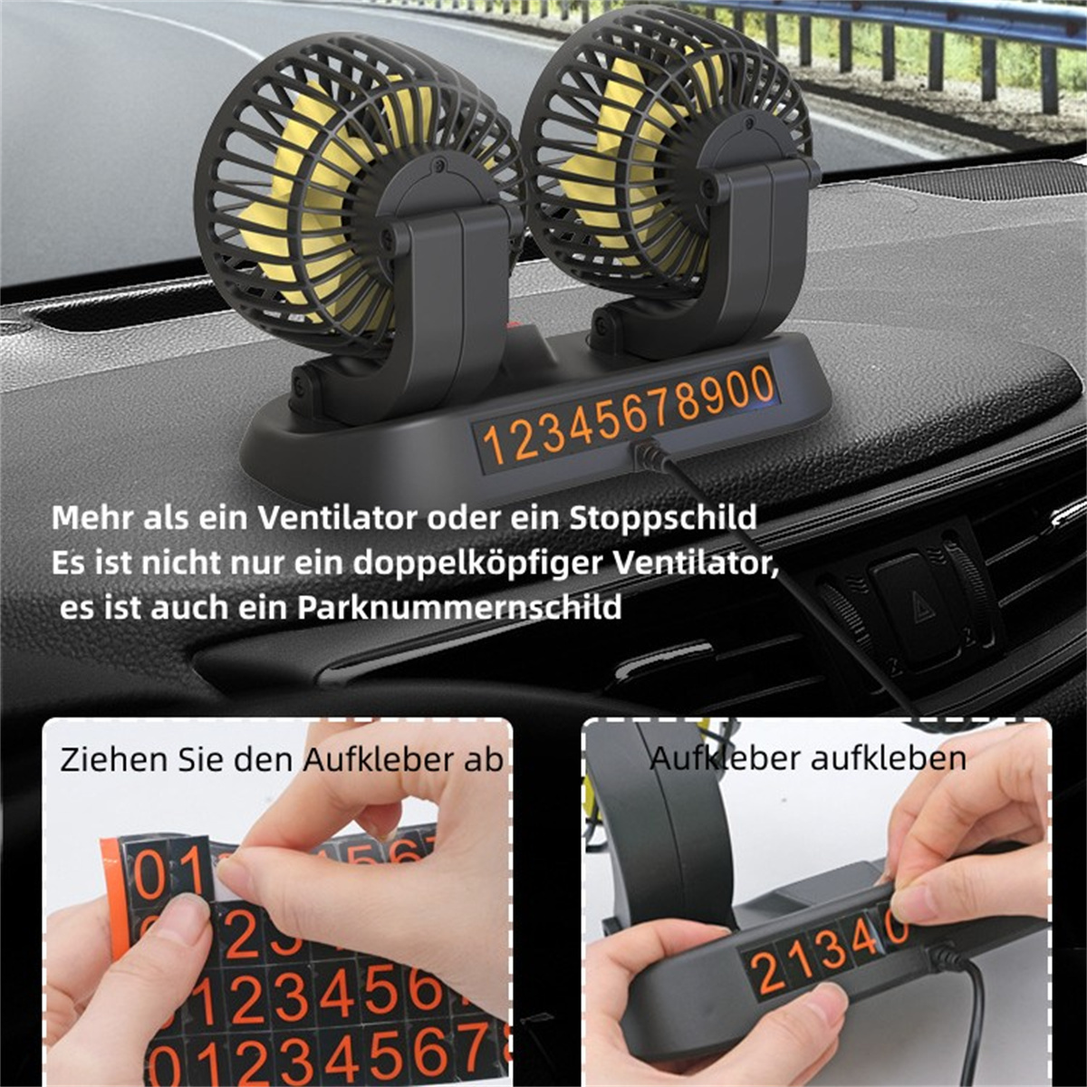Un salpicadero de coche con un ventilador y una pantalla de número de teléfono. Se muestran las instrucciones para aplicar las pegatinas de números.