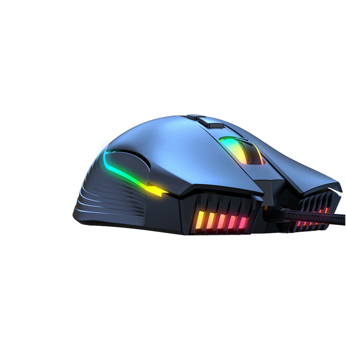 Eine blaue Gaming-Maus mit RGB-Beleuchtung und Kabel, vor weißem Hintergrund.