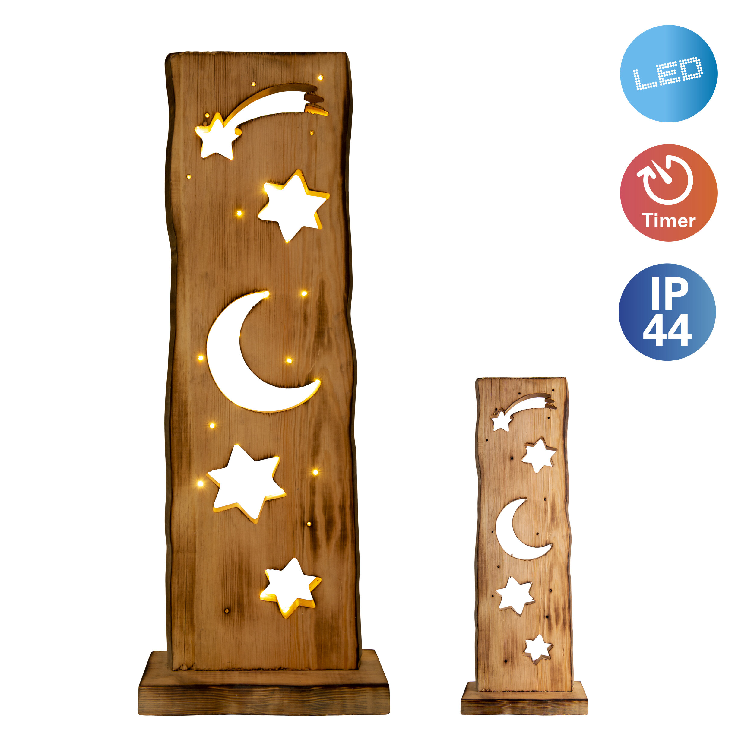 Zwei Holz-LED-Leuchten mit Stern- und Mondaussparungen. Eine ist größer. Icons für LED, Timer und IP44.