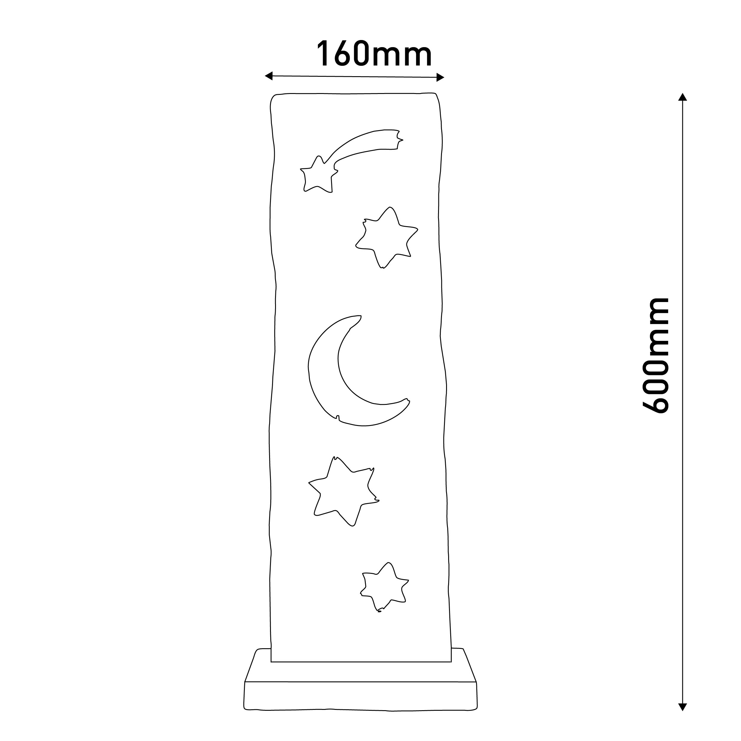 Eine vertikale Linienzeichnung einer dekorativen Leuchte mit Sternen und einem Mond.