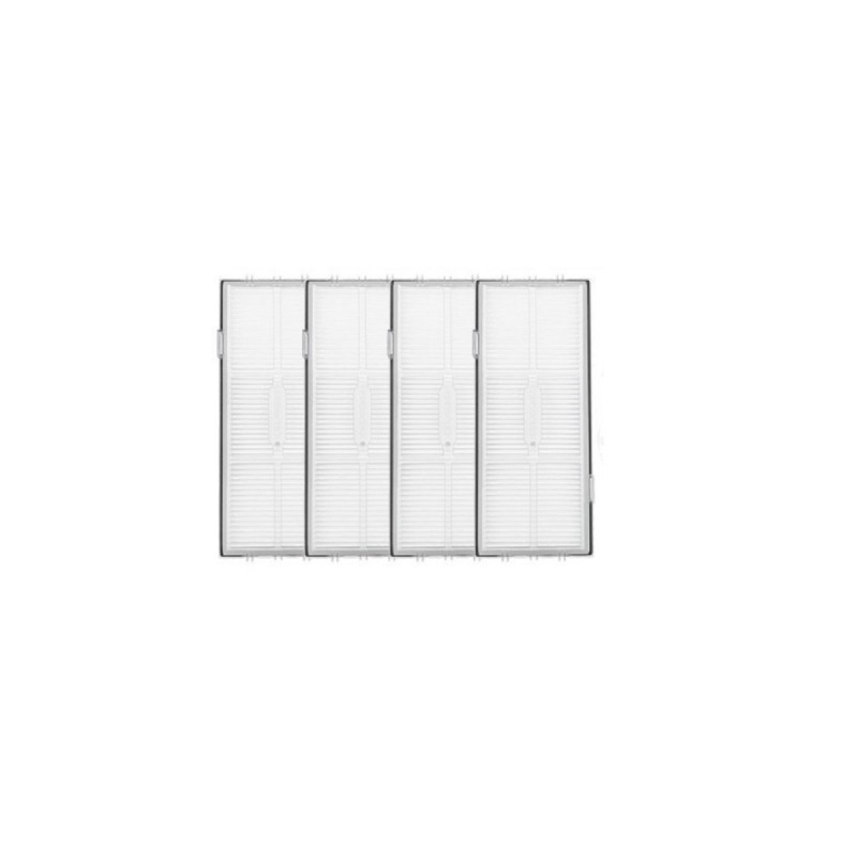 Cztery białe filtry powietrza, ułożone pionowo, na białym tle.