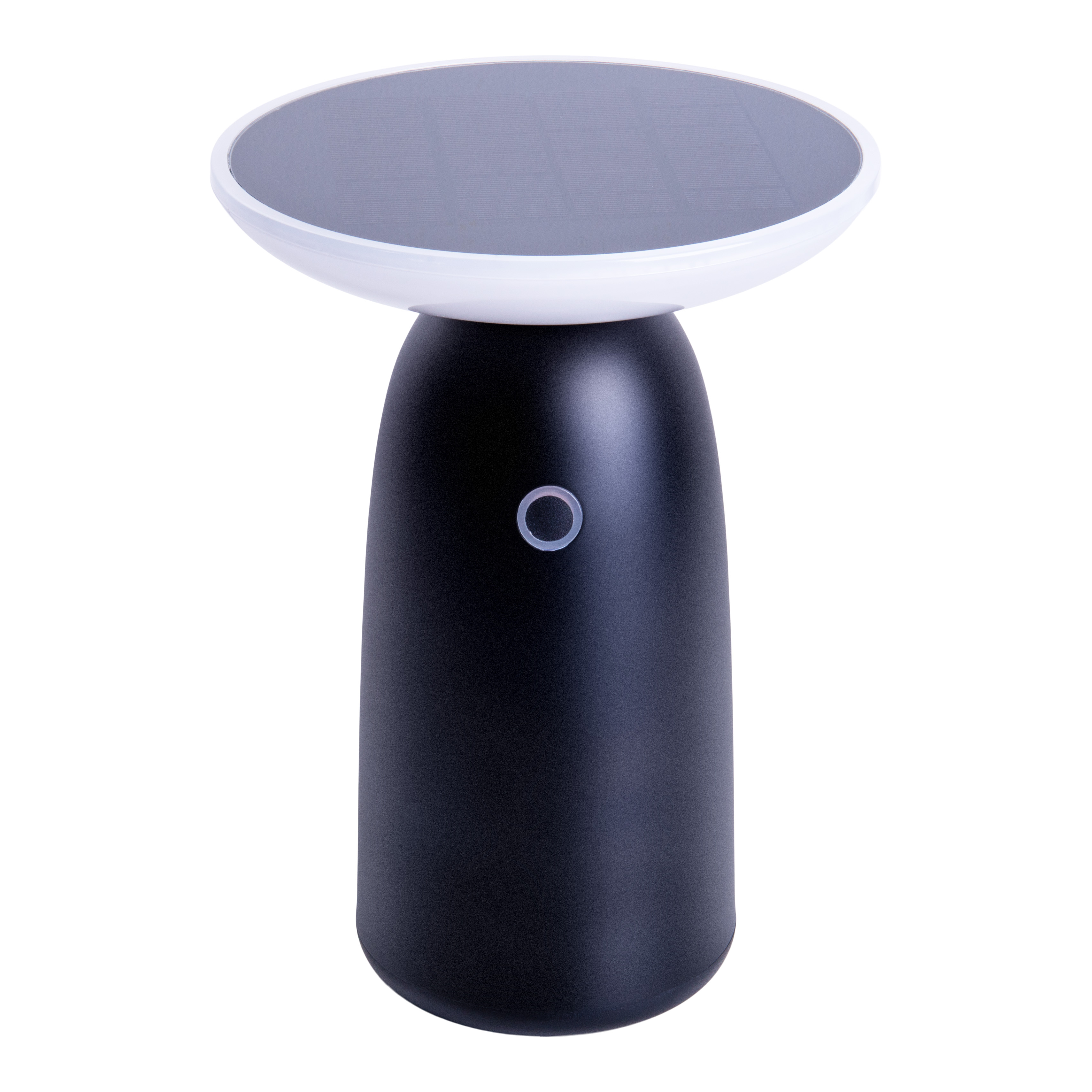 Schwarz-weiße Außenlampe, zylindrischer Sockel, runder Kopf mit Solarpanel.