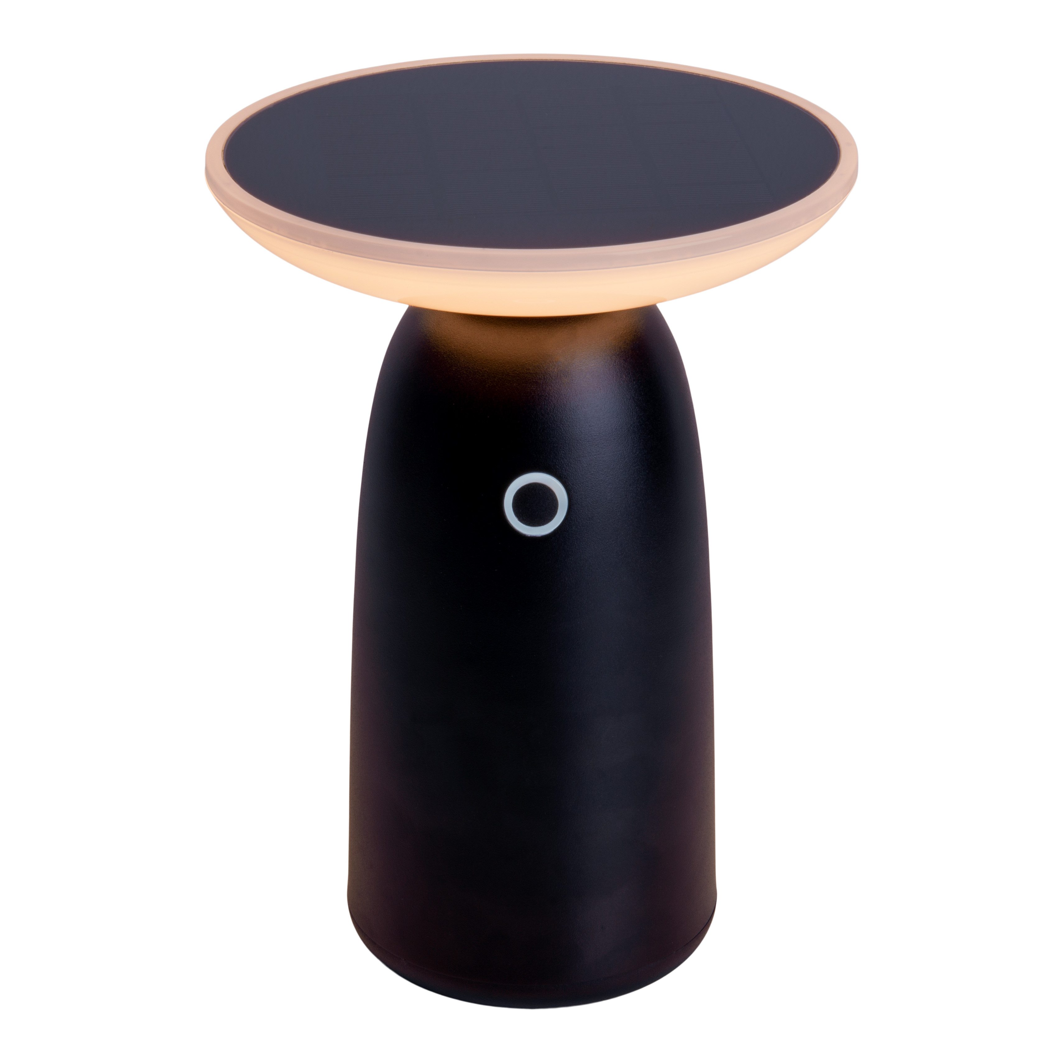 Schwarz-weiße Lampe mit leuchtendem Oberteil und Knopf am Gehäuse.