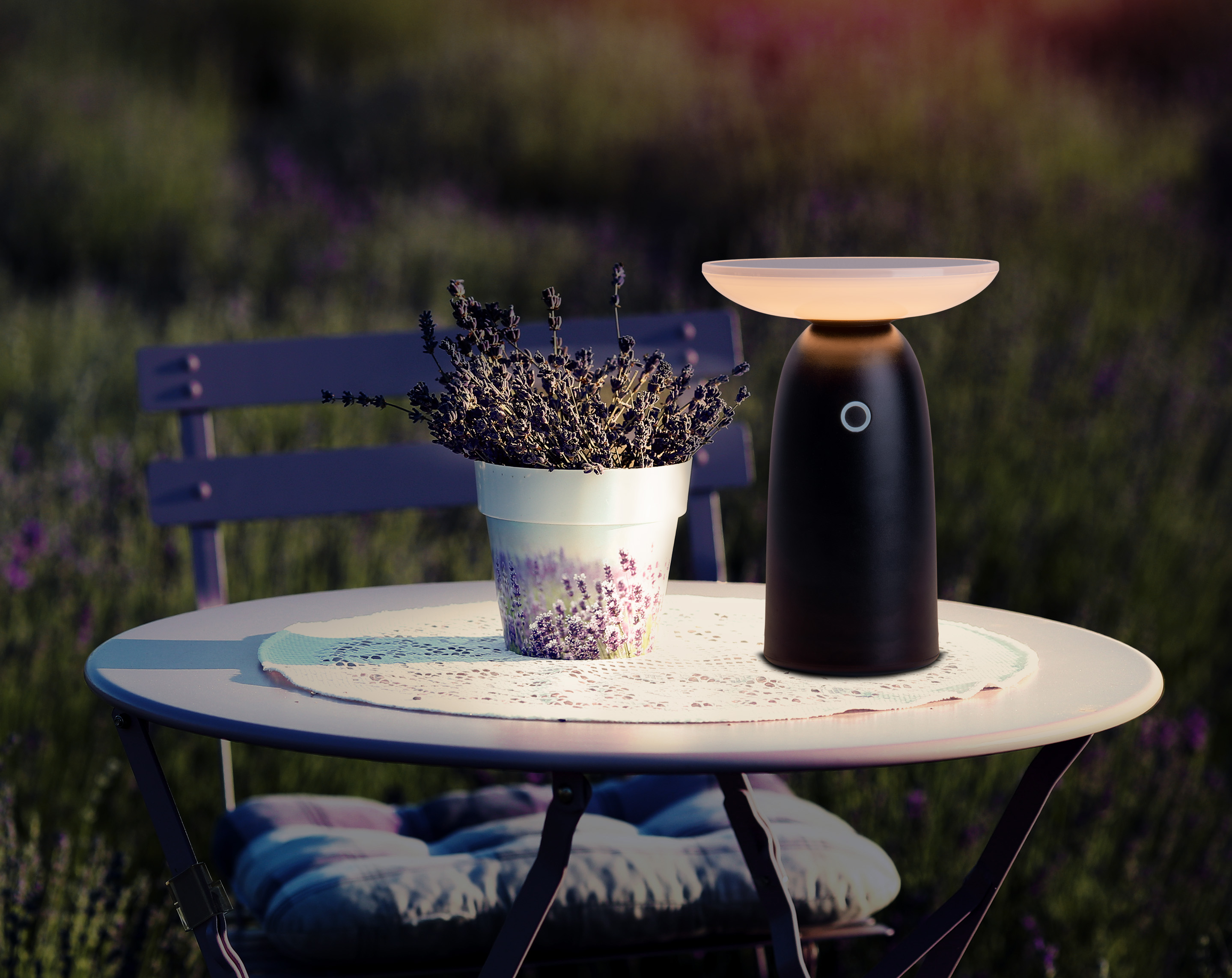 Ein Tisch mit einem Lavendel-Blumentopf und einer schwarzen Lampe. Lila Blumen im Hintergrund.