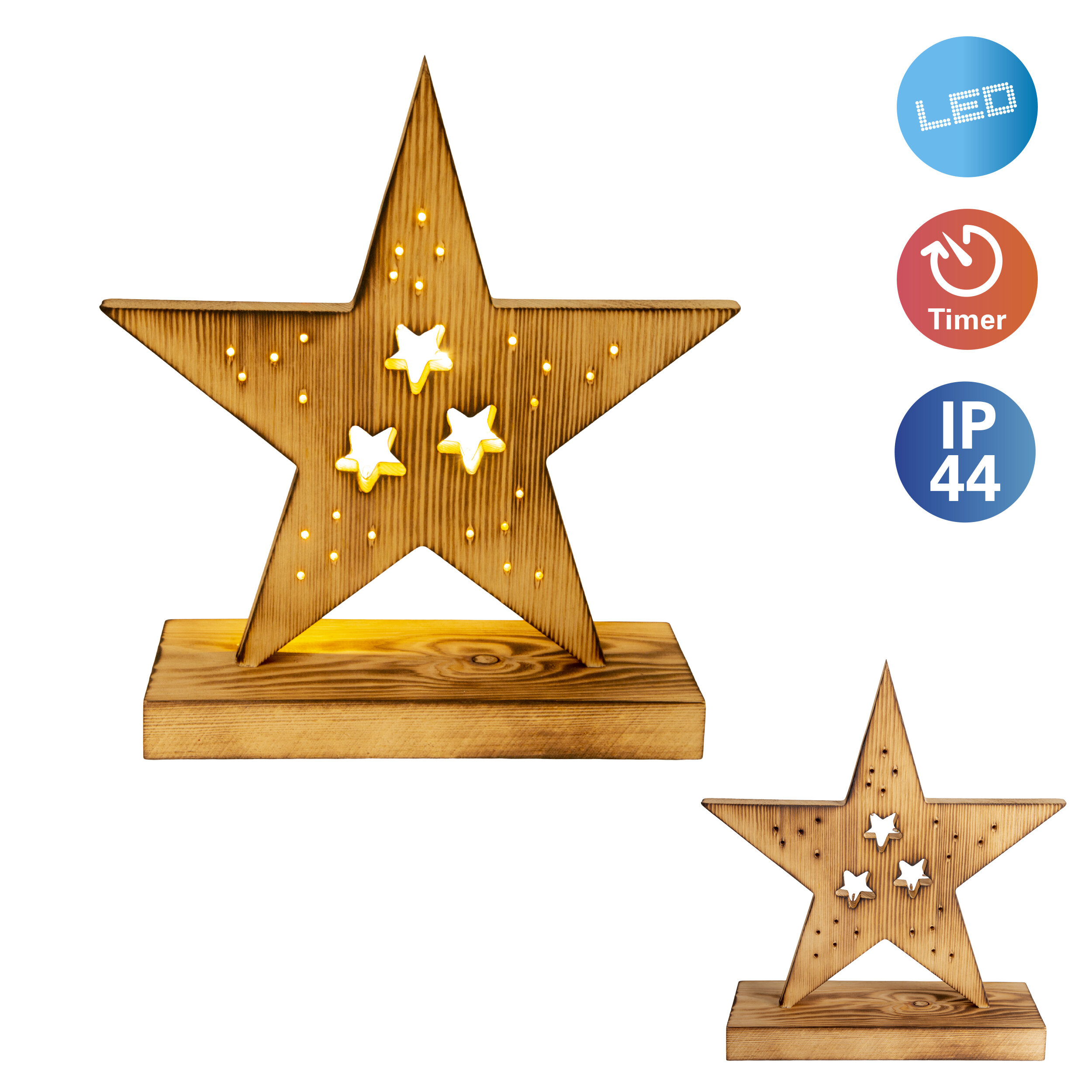Zwei Holzlichter in Sternform. Eines größer, eines kleiner. Symbole für LED, Timer und IP44 sind vorhanden.