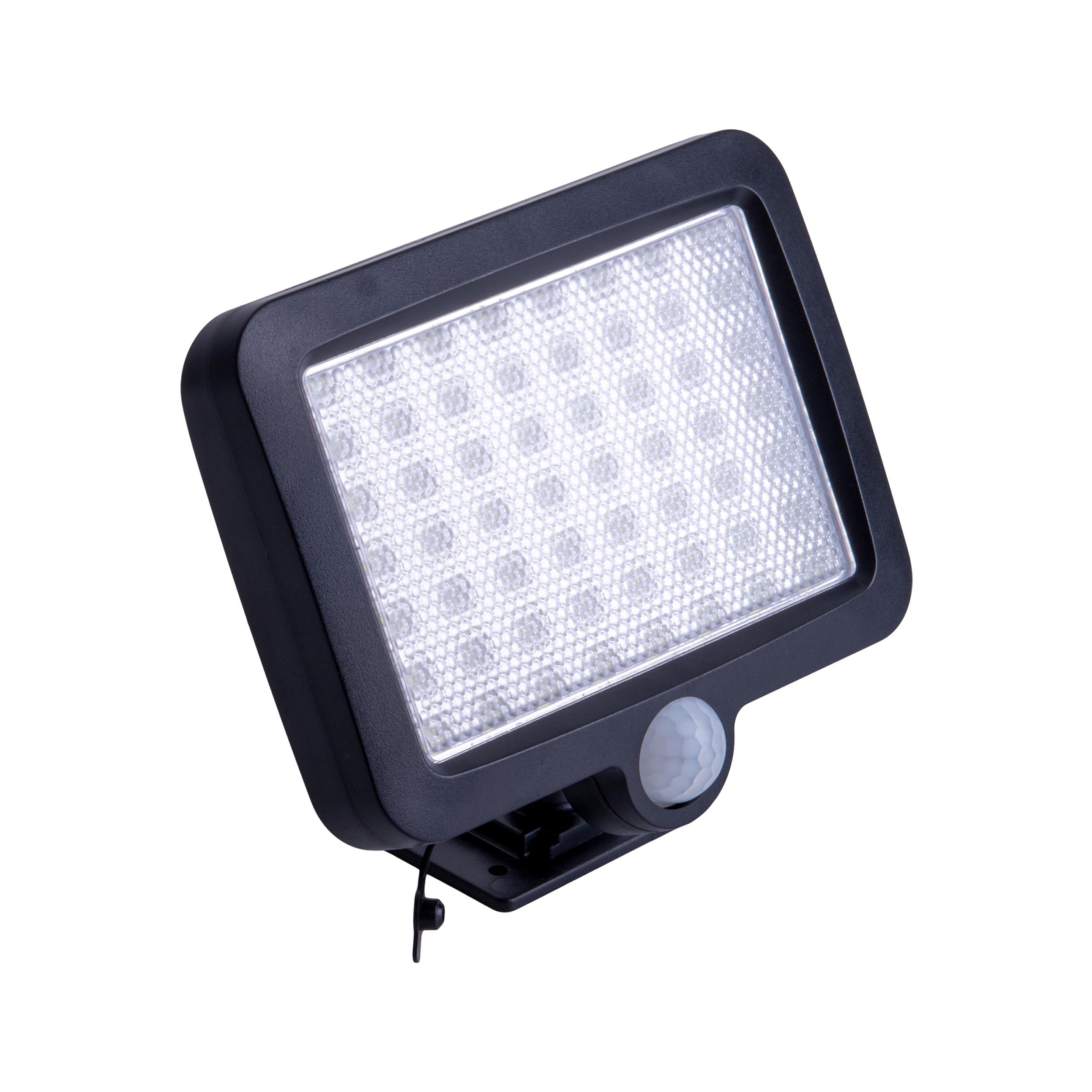 Schwarzes rechteckiges Solarlicht mit LED-Anordnung und Bewegungssensor.