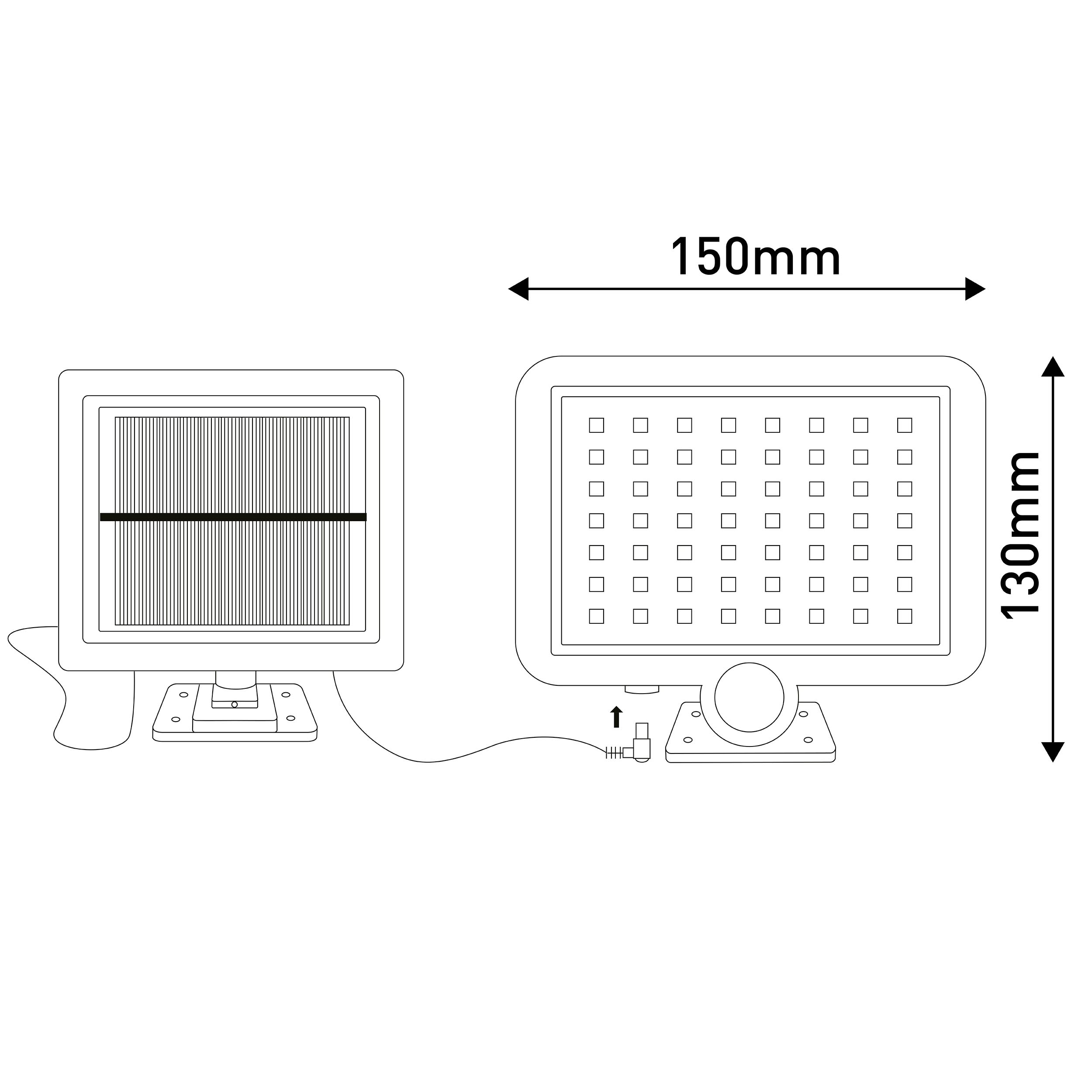 Solarbetriebener LED-Flutlichtstrahler mit Abmessungen: 150 mm breit, 130 mm hoch. Schwarze Umrisse.