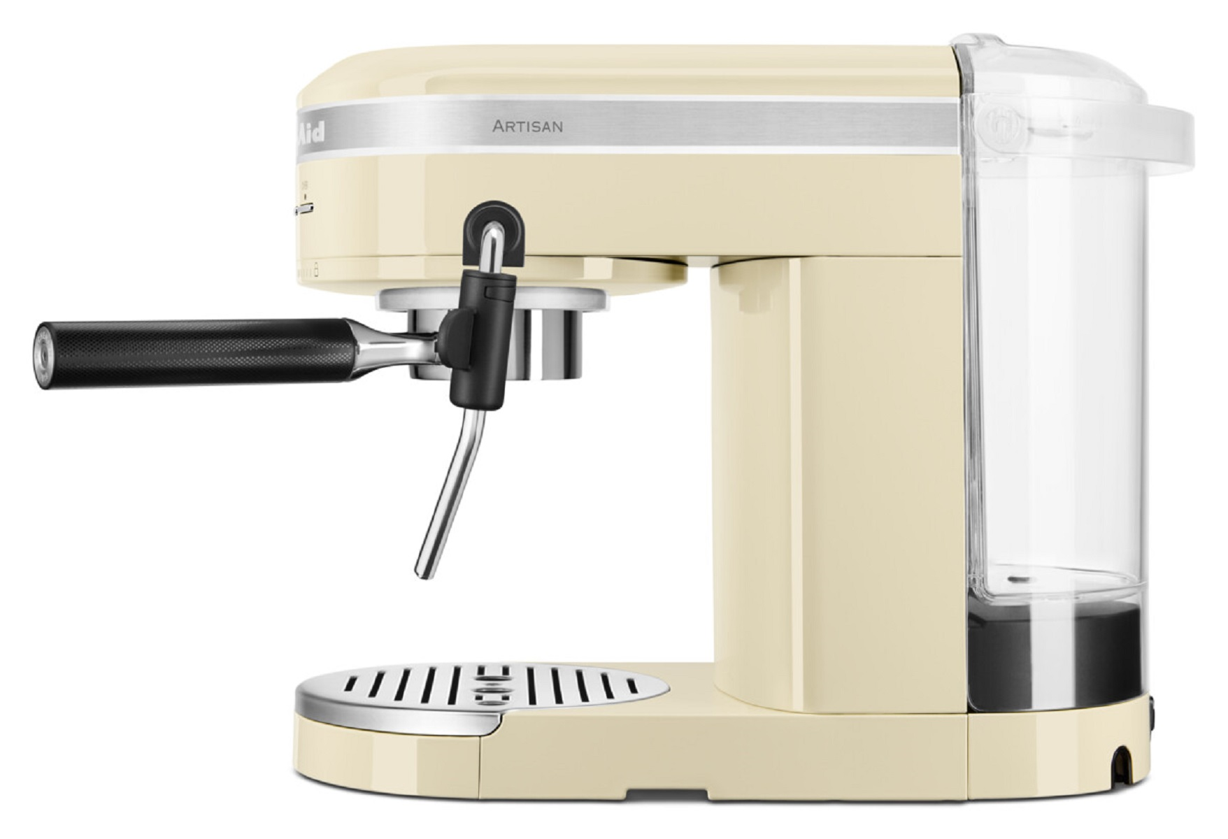 Eine beige KitchenAid Espressomaschine mit Wassertank und schwarzem Griff.