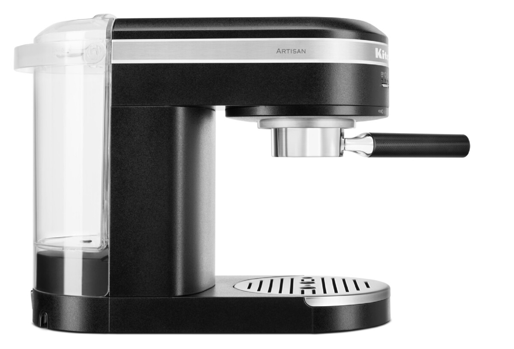 Schwarze Espressomaschine mit Wassertank und Siebträger. Mit dem Wort Artisan.