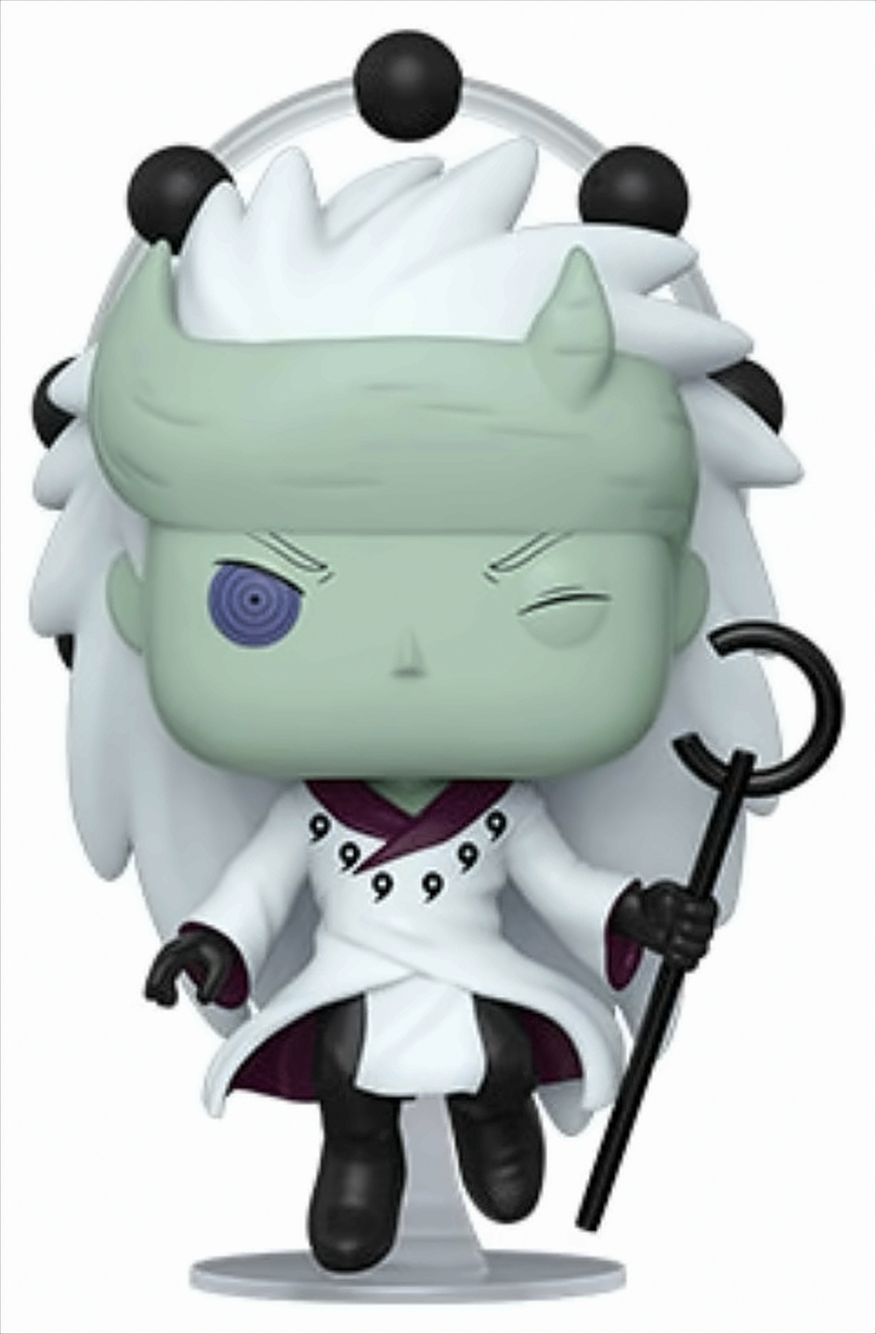 Funko Pop Figur einer Figur mit hellgrüner Haut, weißen Haaren und Hörnern. Weißer Hintergrund.