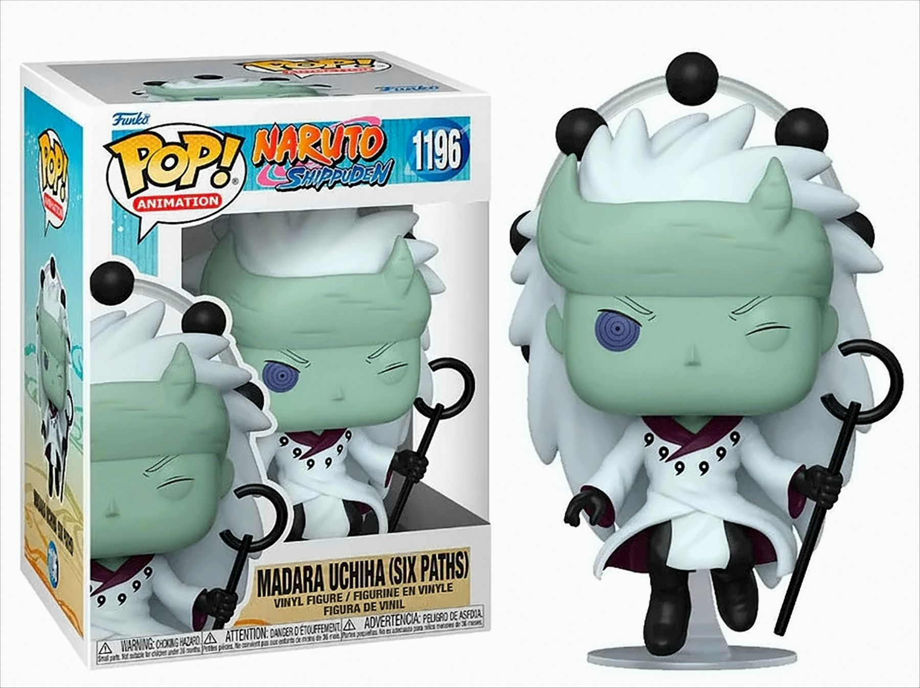 Madara Uchiha Funko Pop Figur. Weißhaariger Charakter mit Rinnegan-Augen, hält einen Stab. In der Box.